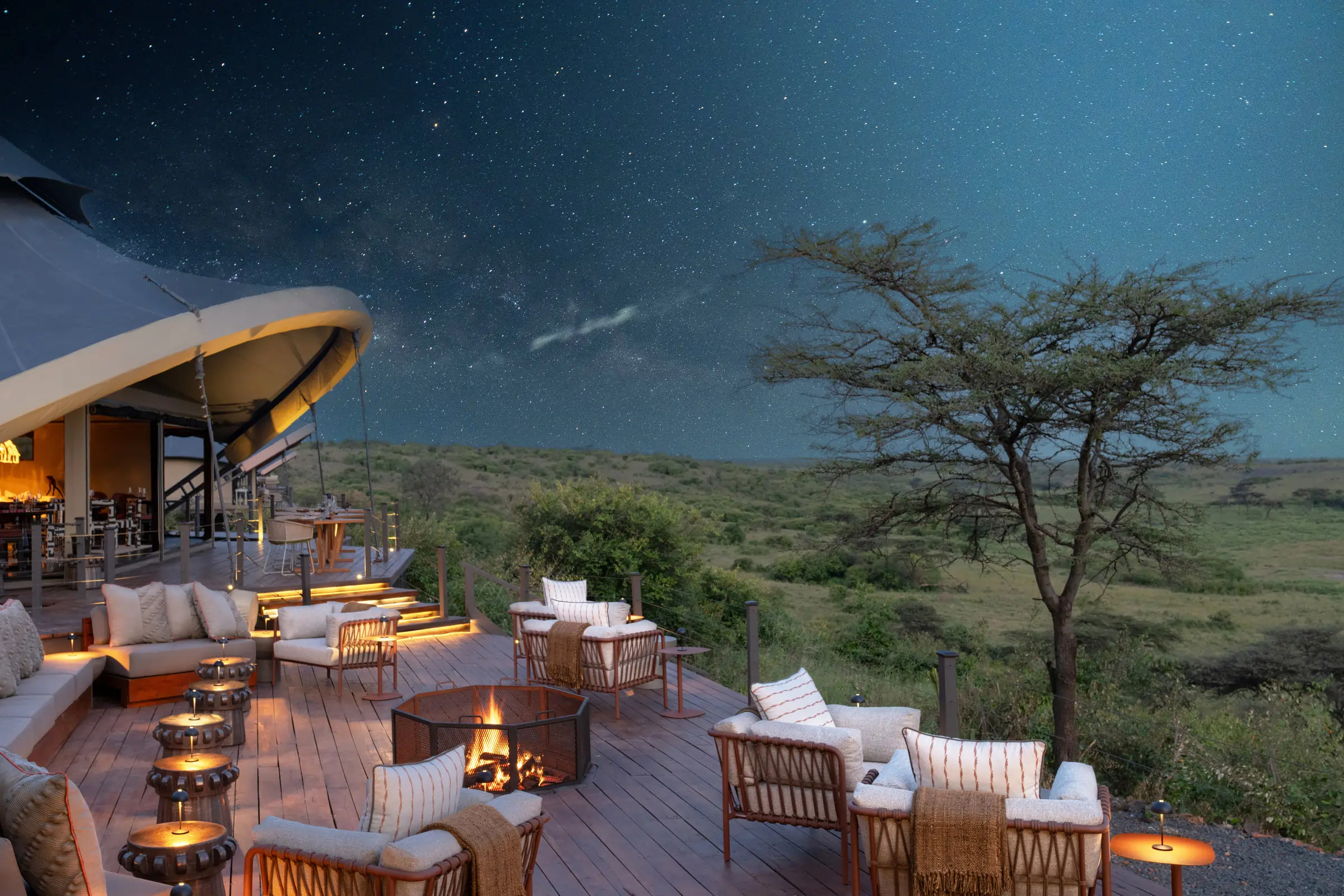 Mahali Mzuri modern luxury tents scattered across scenic hillside in Olare Motorogi Conservancy